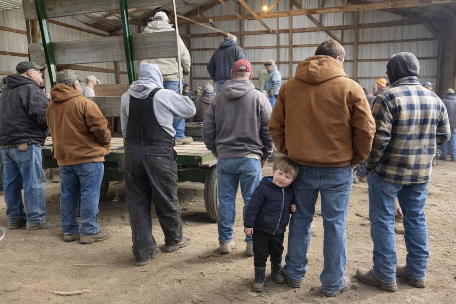Folksamling vid en lantbruksauktion i en lada.